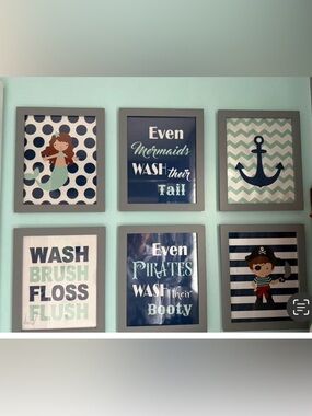 Nautical bathroom Wall Art Set - Navy & Mint Prints